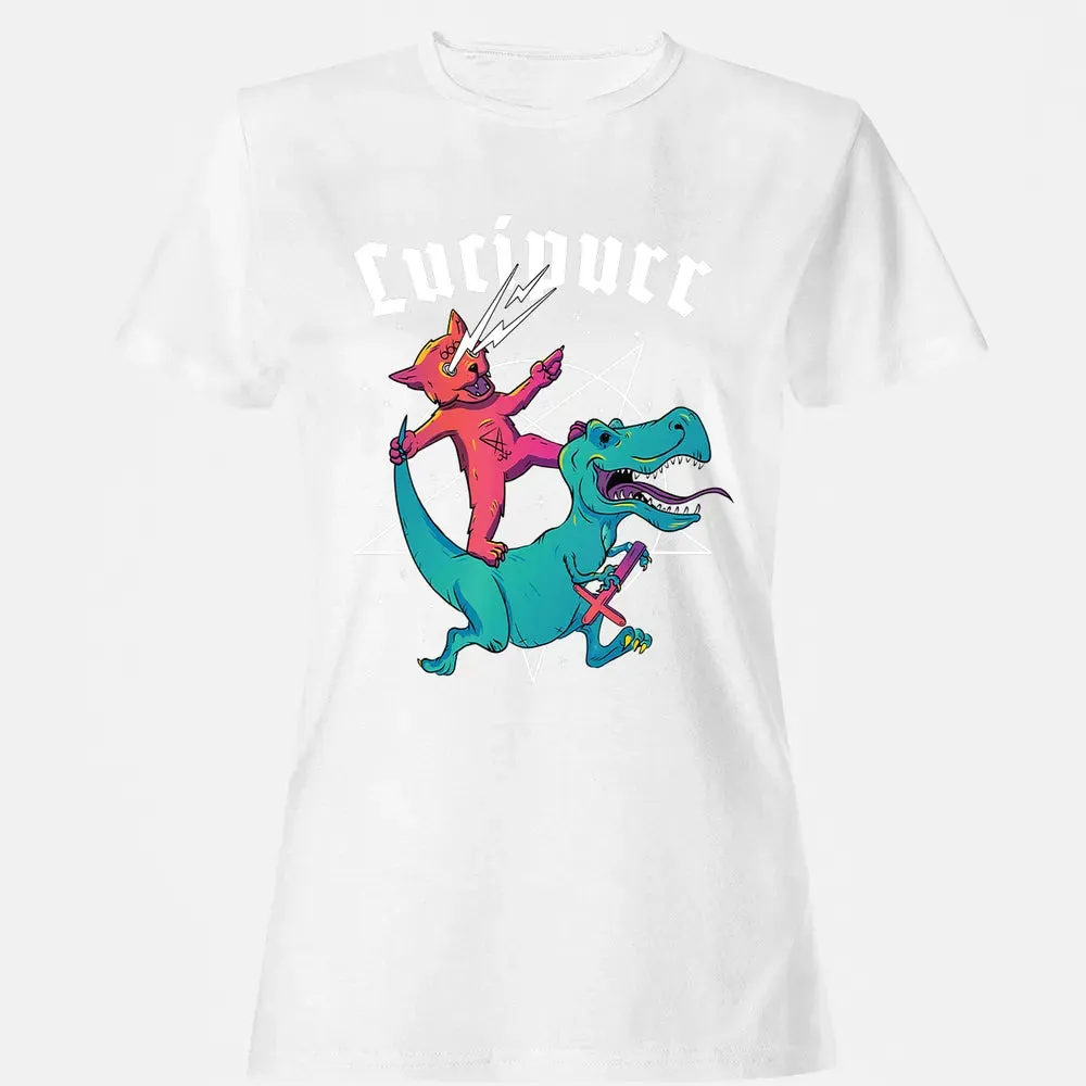 Lucipurr Satanic Cat Riding Trex Dinosaur Sigil Of Lucifer Women's T-shirt - 16