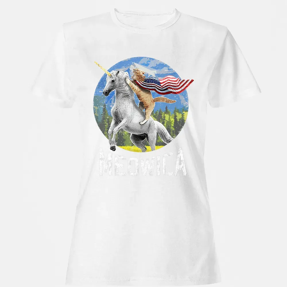 Meowica Unicorn Cat American Flag Patriotic 4th of July Kids Women's T-shirt - 16