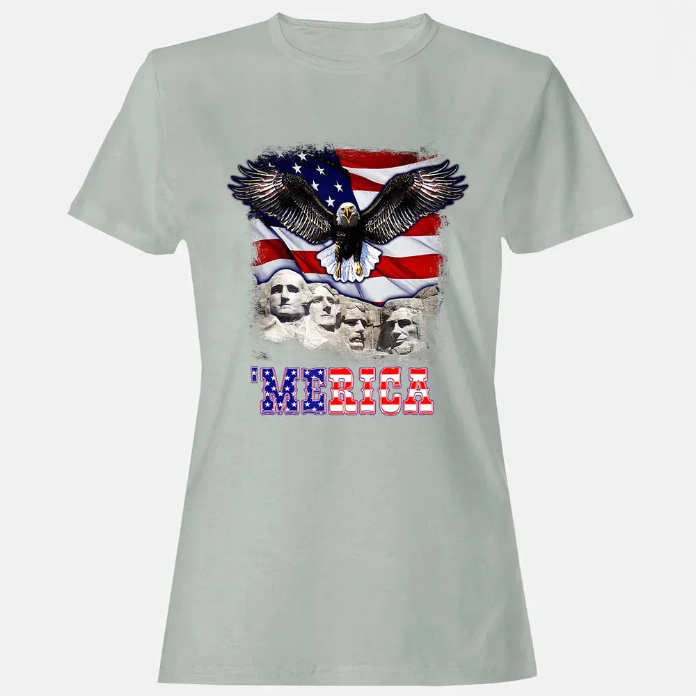 Merica 4th Of July American Flag Mount Rushmore Bald Eagle Women's T-shirt - 2
