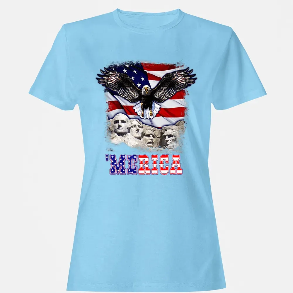 Merica 4th Of July American Flag Mount Rushmore Bald Eagle Women's T-shirt - 8