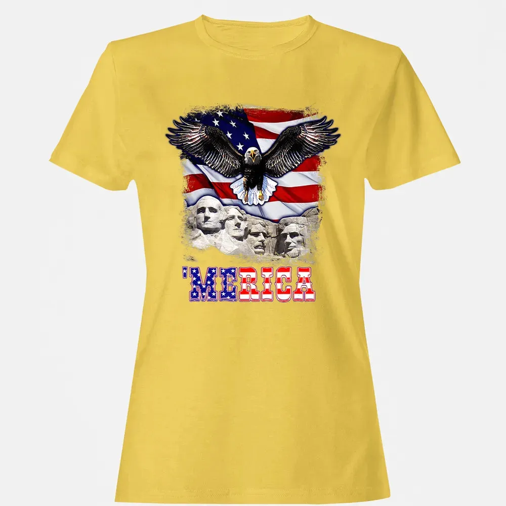 Merica 4th Of July American Flag Mount Rushmore Bald Eagle Women's T-shirt - 4