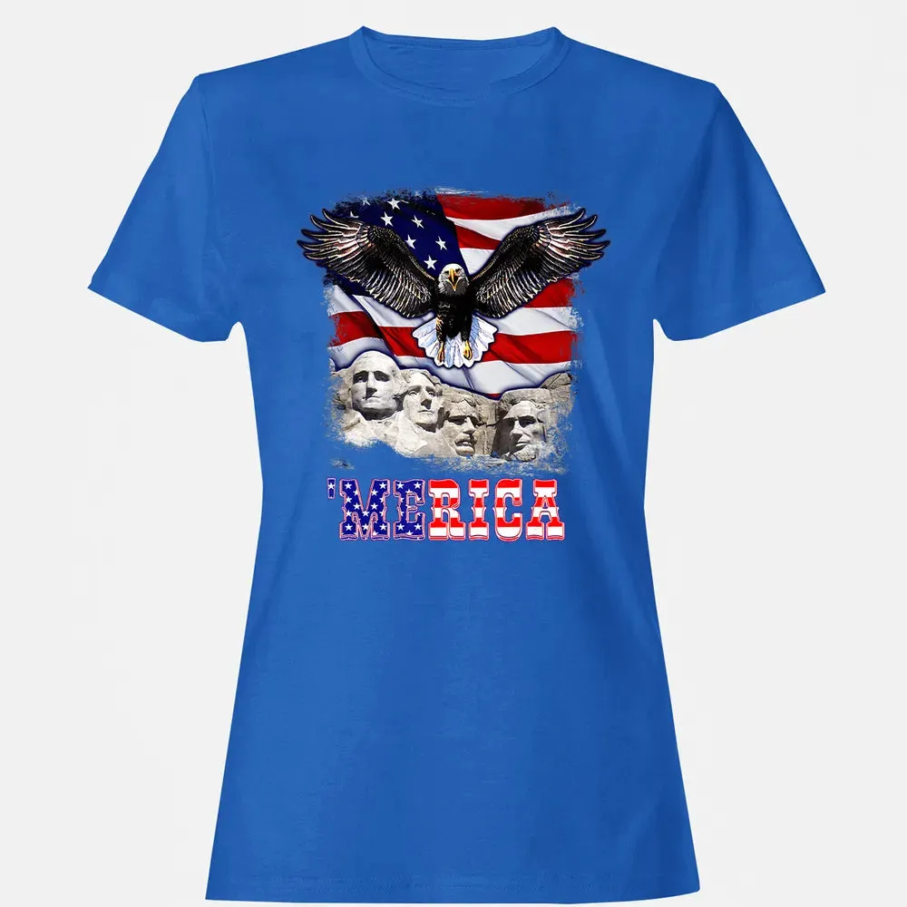 Merica 4th Of July American Flag Mount Rushmore Bald Eagle Women's T-shirt - 14