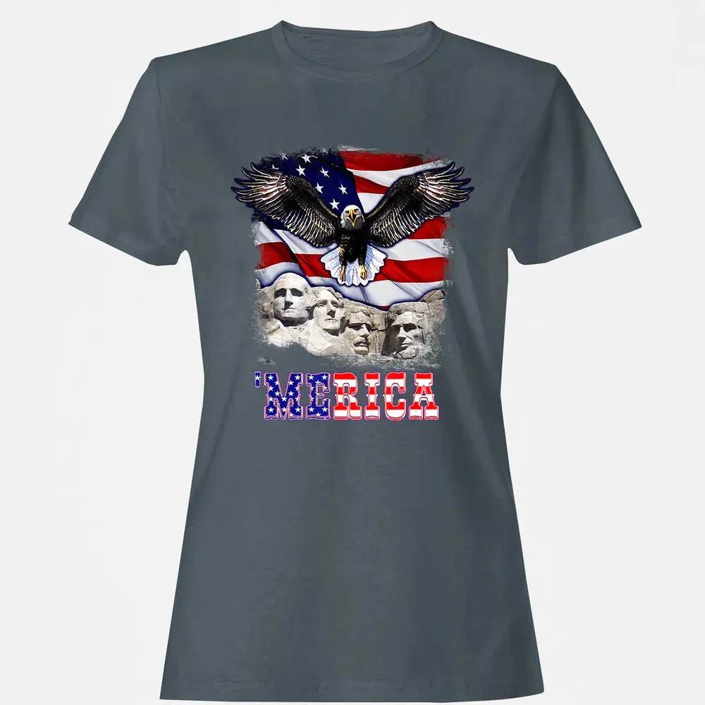 Merica 4th Of July American Flag Mount Rushmore Bald Eagle Women's T-shirt - 3