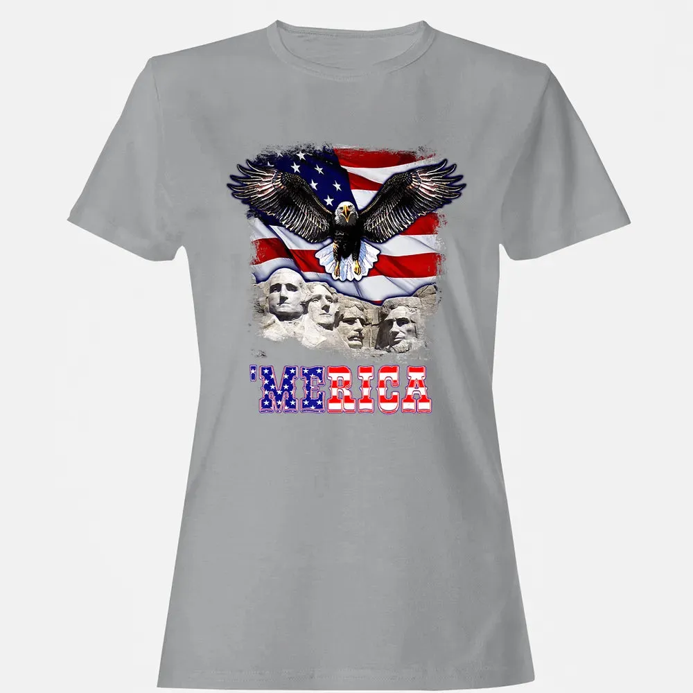 Merica 4th Of July American Flag Mount Rushmore Bald Eagle Women's T-shirt - 15
