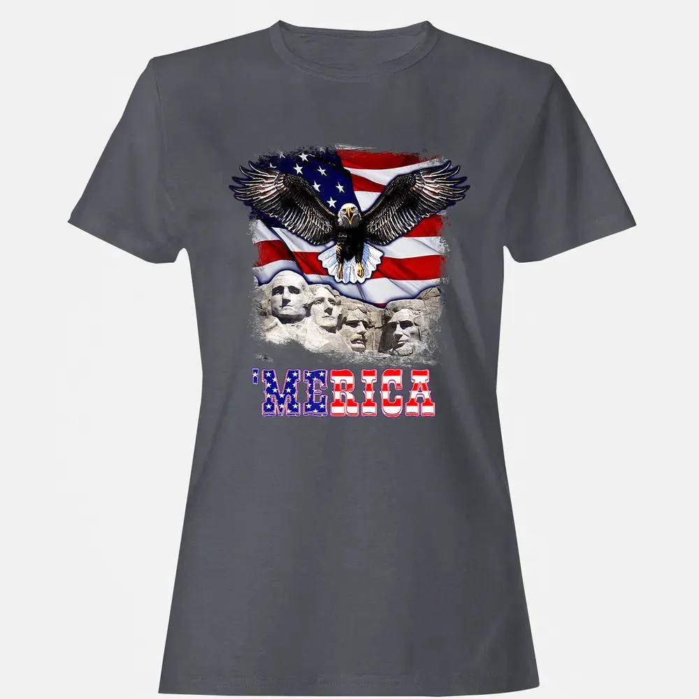 Merica 4th Of July American Flag Mount Rushmore Bald Eagle Women's T-shirt - 5