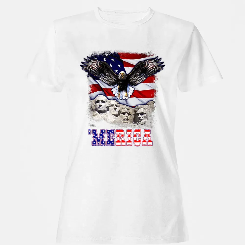Merica 4th Of July American Flag Mount Rushmore Bald Eagle Women's T-shirt - 16
