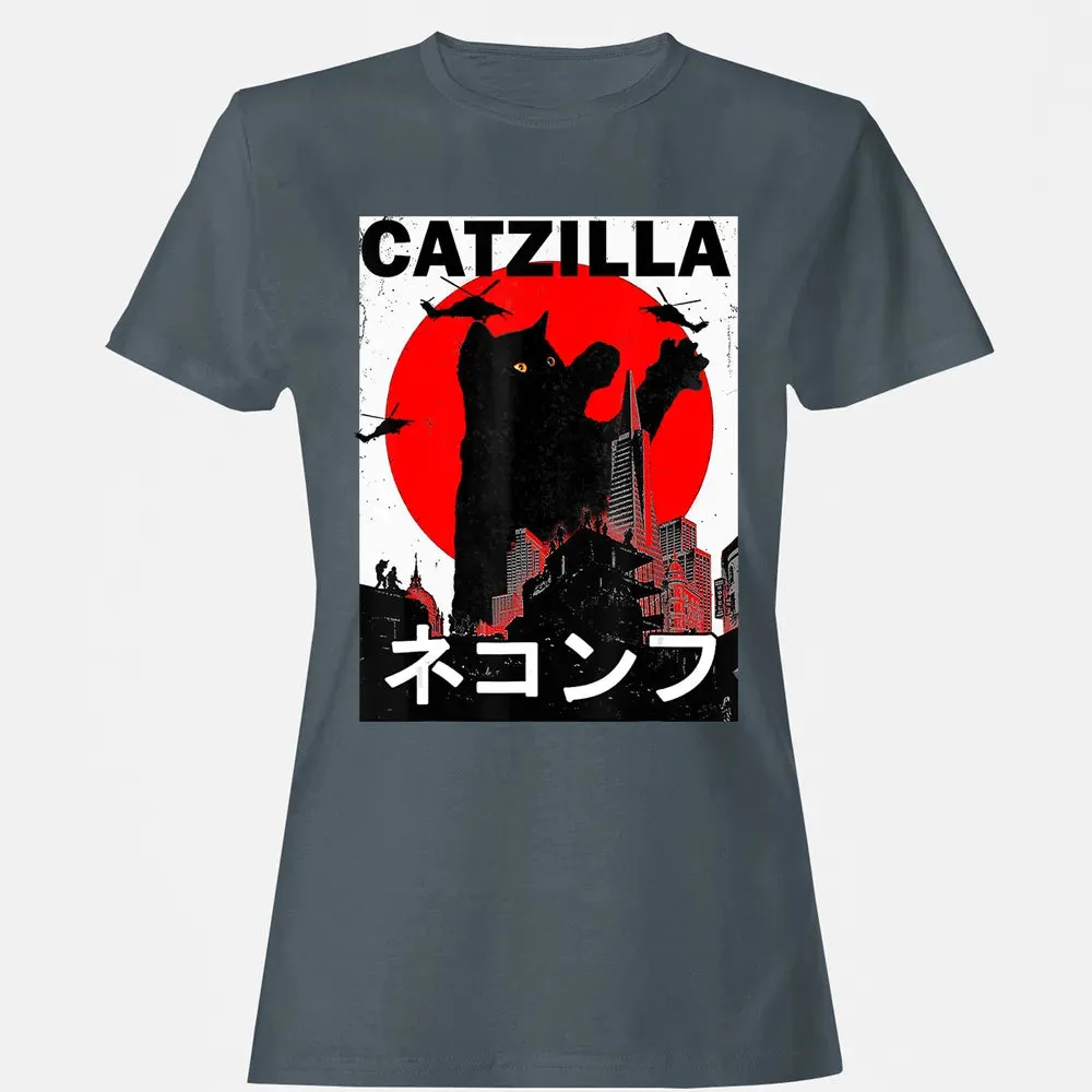 Vintage Catzilla Japanese Sunset Style Cat Kitten Lover Women's T-shirt - 3