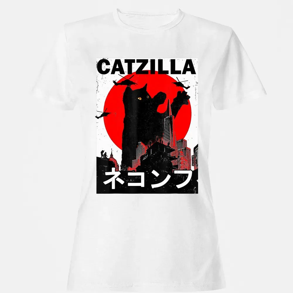 Vintage Catzilla Japanese Sunset Style Cat Kitten Lover Women's T-shirt - 16