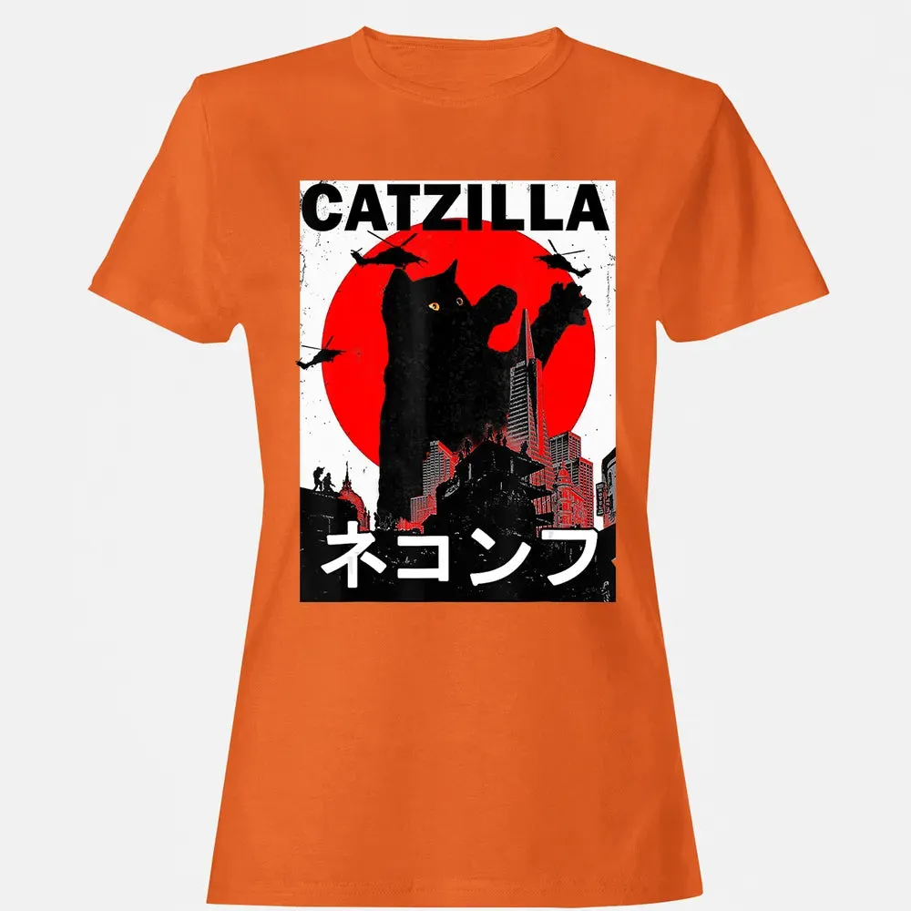 Vintage Catzilla Japanese Sunset Style Cat Kitten Lover Women's T-shirt - 11