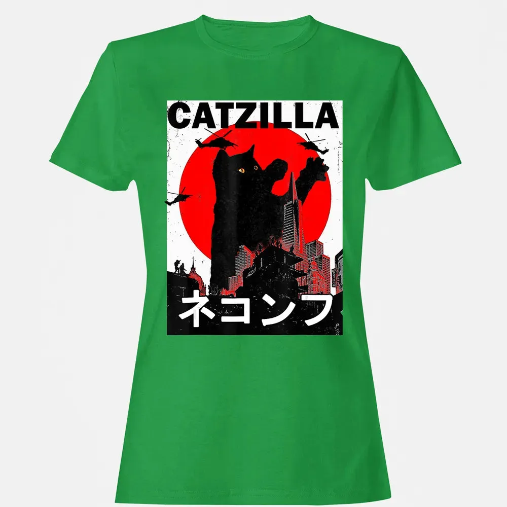 Vintage Catzilla Japanese Sunset Style Cat Kitten Lover Women's T-shirt - 7