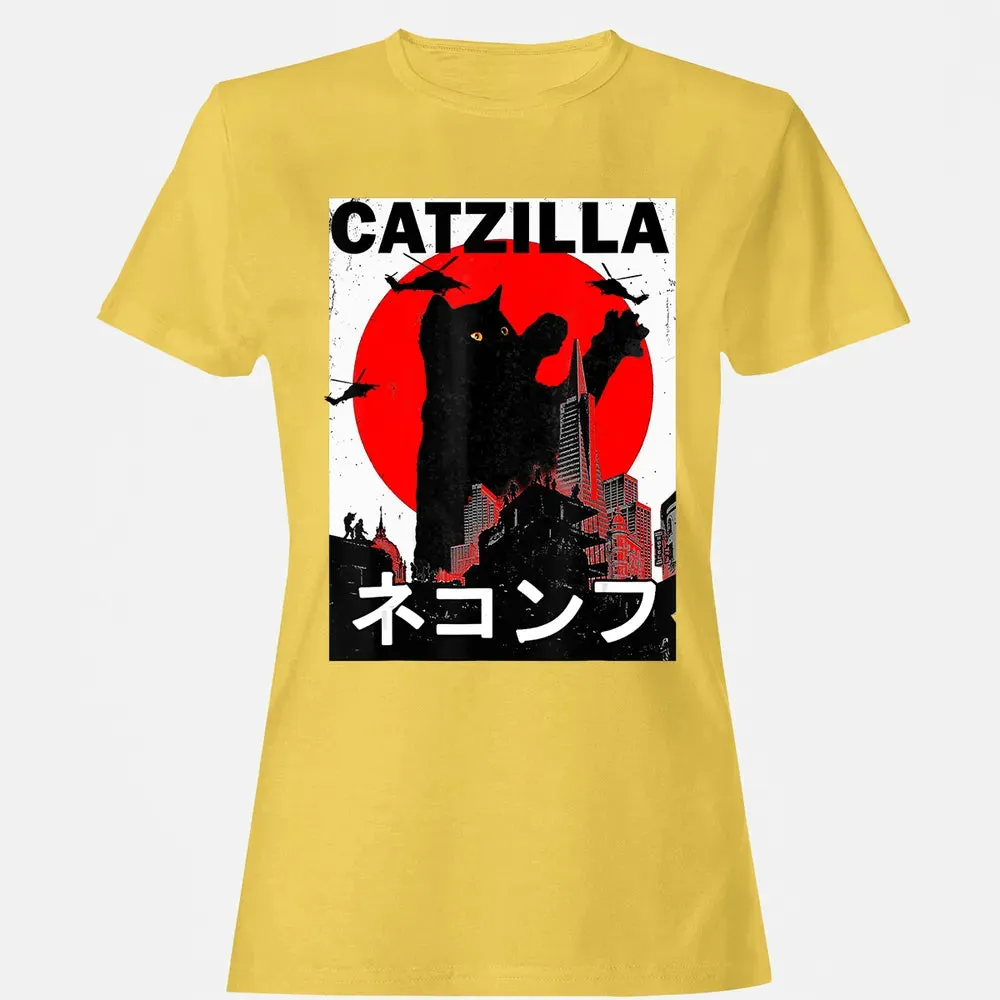Vintage Catzilla Japanese Sunset Style Cat Kitten Lover Women's T-shirt - 4