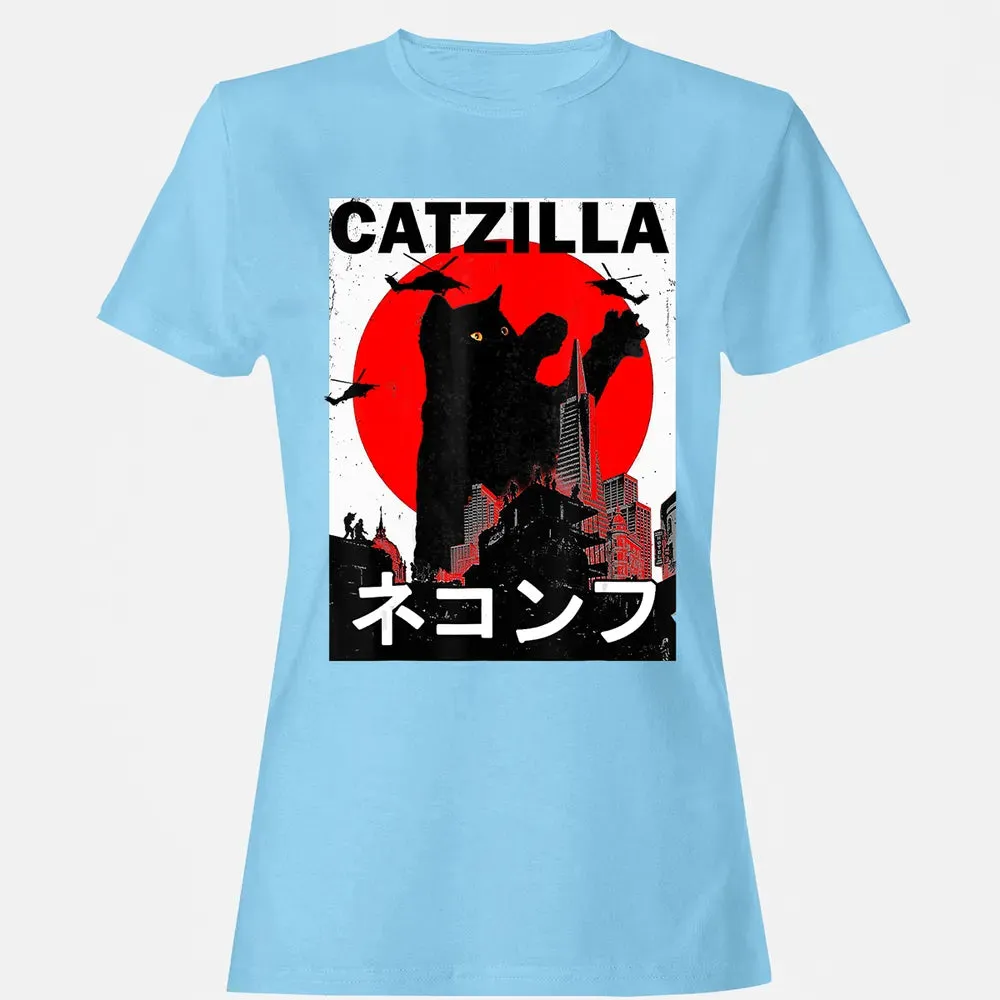 Vintage Catzilla Japanese Sunset Style Cat Kitten Lover Women's T-shirt - 8