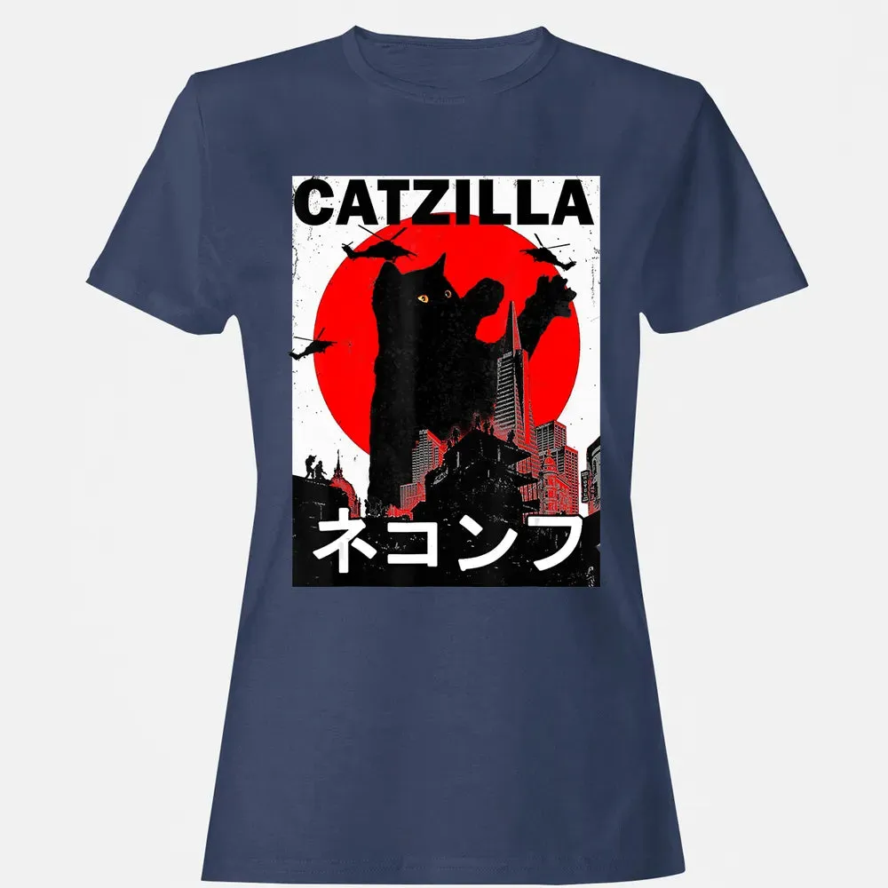 Vintage Catzilla Japanese Sunset Style Cat Kitten Lover Women's T-shirt - 10
