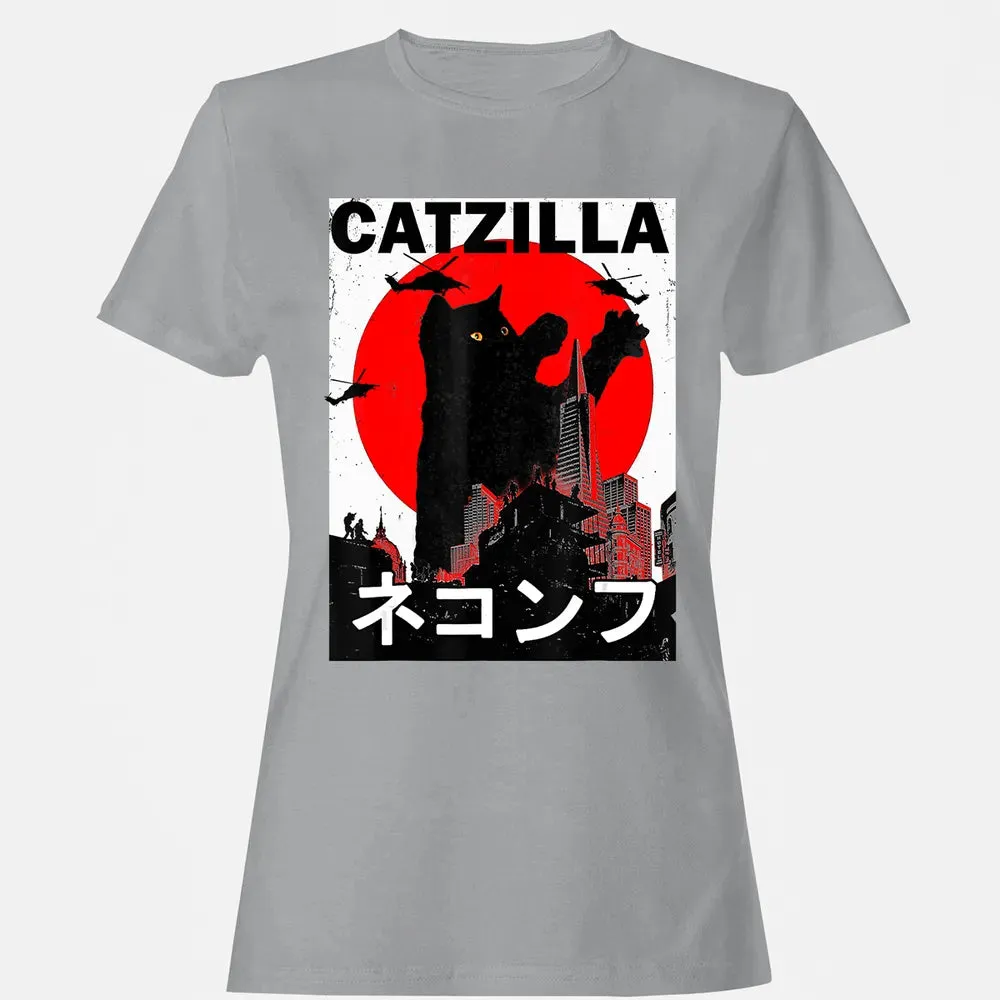 Vintage Catzilla Japanese Sunset Style Cat Kitten Lover Women's T-shirt - 15