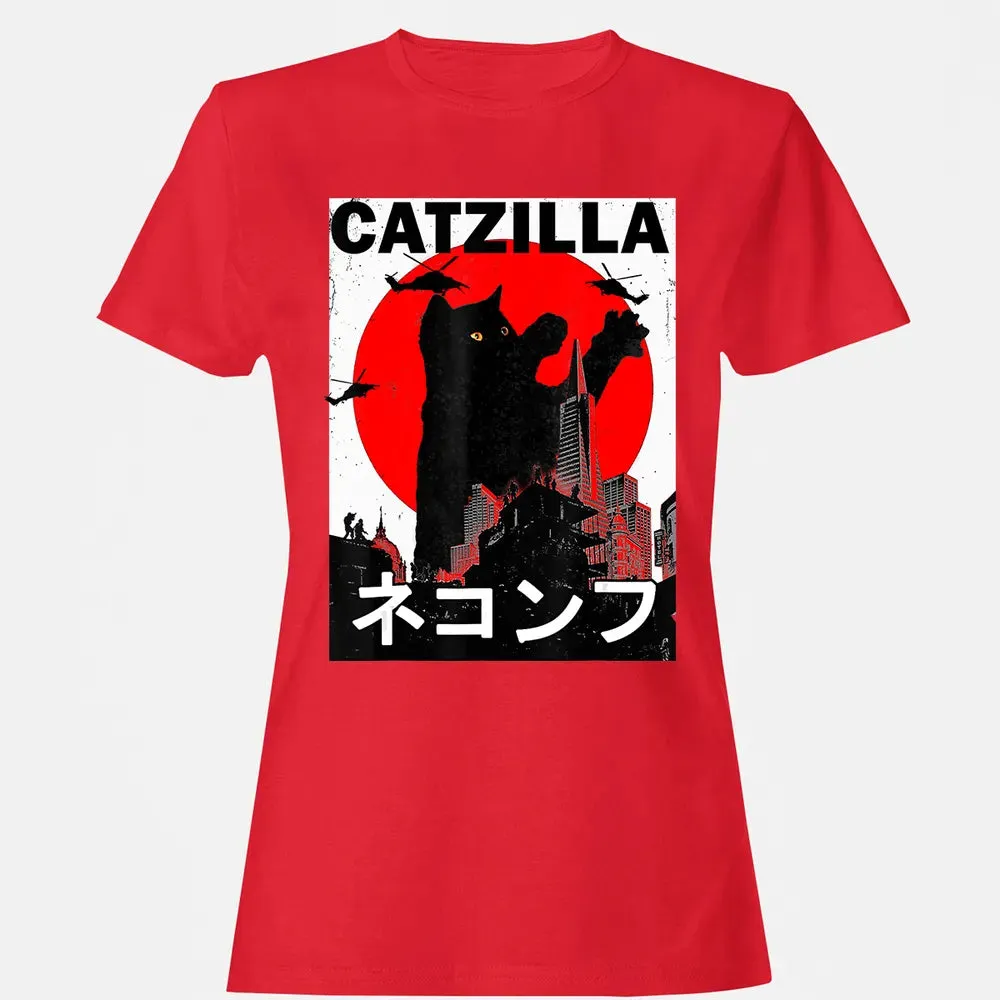 Vintage Catzilla Japanese Sunset Style Cat Kitten Lover Women's T-shirt - 13