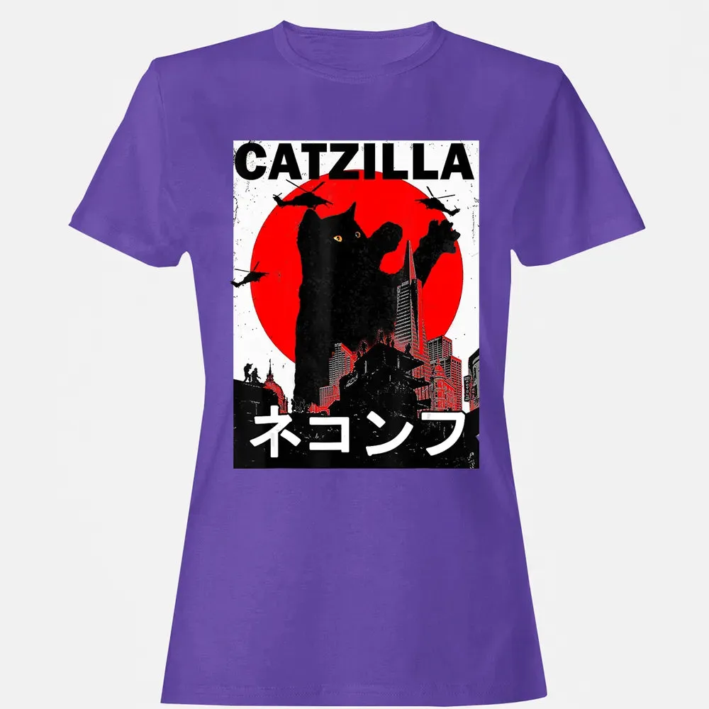 Vintage Catzilla Japanese Sunset Style Cat Kitten Lover Women's T-shirt - 12