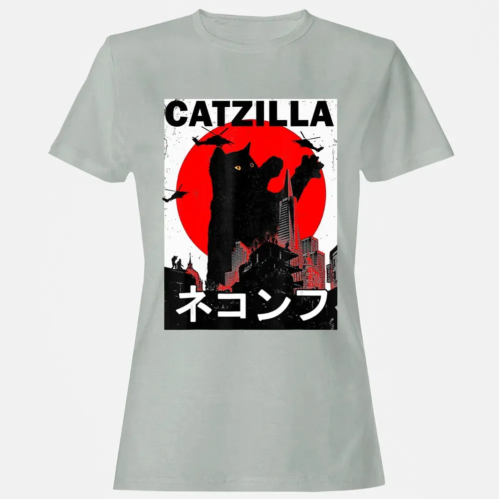 Vintage Catzilla Japanese Sunset Style Cat Kitten Lover Women's T-shirt - 2