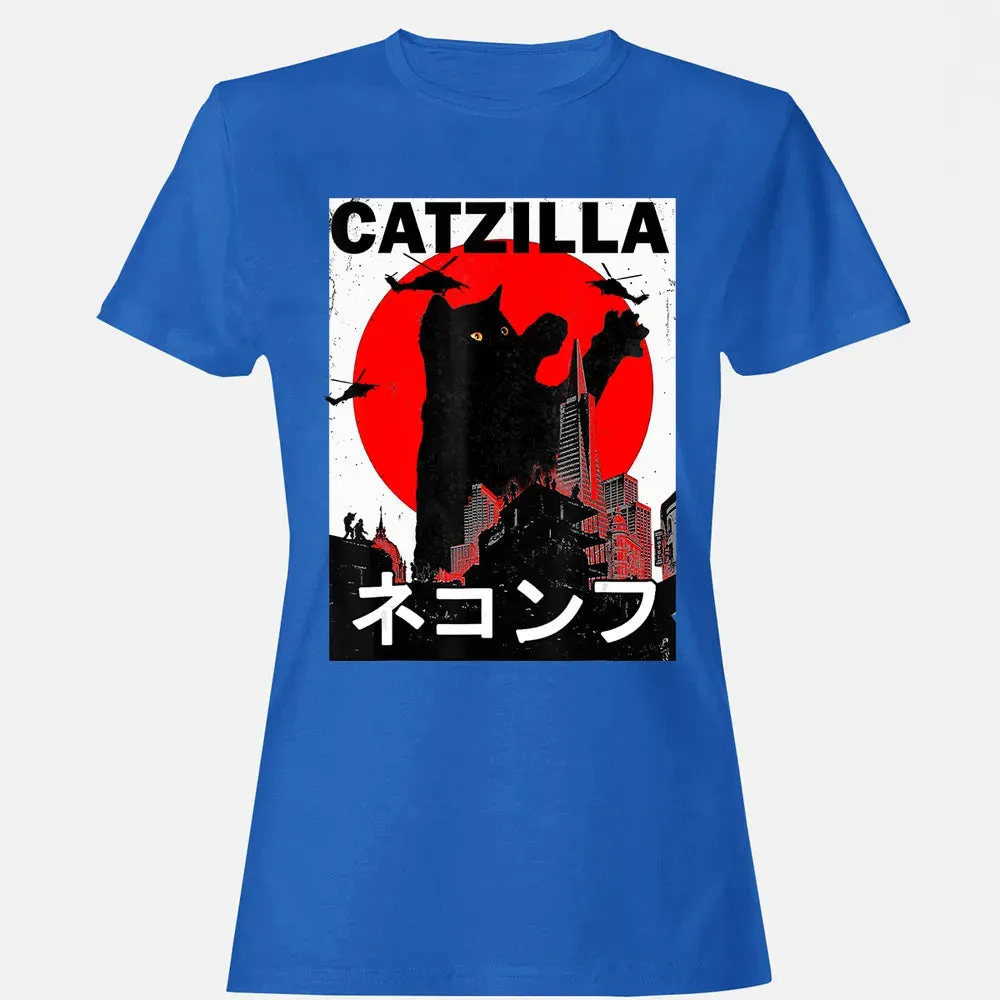 Vintage Catzilla Japanese Sunset Style Cat Kitten Lover Women's T-shirt - 14