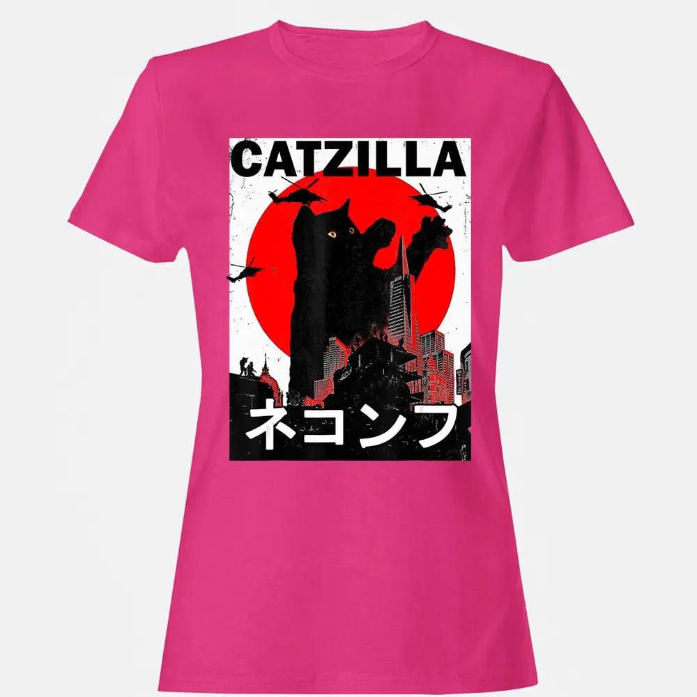Vintage Catzilla Japanese Sunset Style Cat Kitten Lover Women's T-shirt - 6