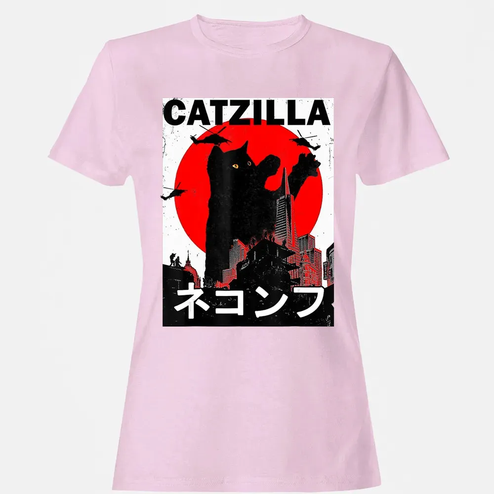 Vintage Catzilla Japanese Sunset Style Cat Kitten Lover Women's T-shirt - 9