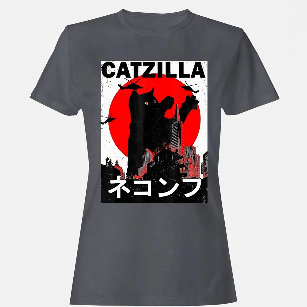 Vintage Catzilla Japanese Sunset Style Cat Kitten Lover Women's T-shirt - 5
