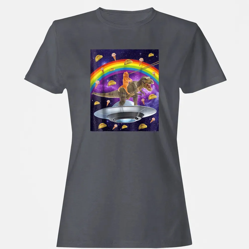 Taco Kitty Rainbow Laser Eye T Rex Riding Space Ca Women's T-shirt - 5