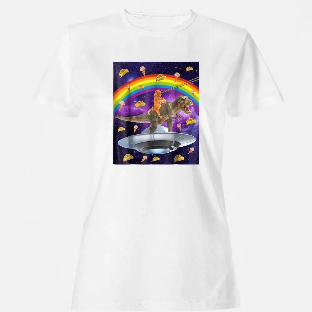 Taco Kitty Rainbow Laser Eye T Rex Riding Space Ca Women's T-shirt - 16