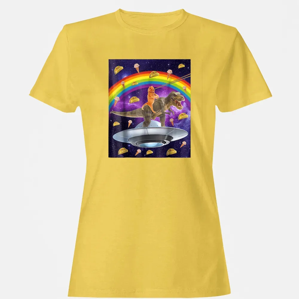 Taco Kitty Rainbow Laser Eye T Rex Riding Space Ca Women's T-shirt - 4
