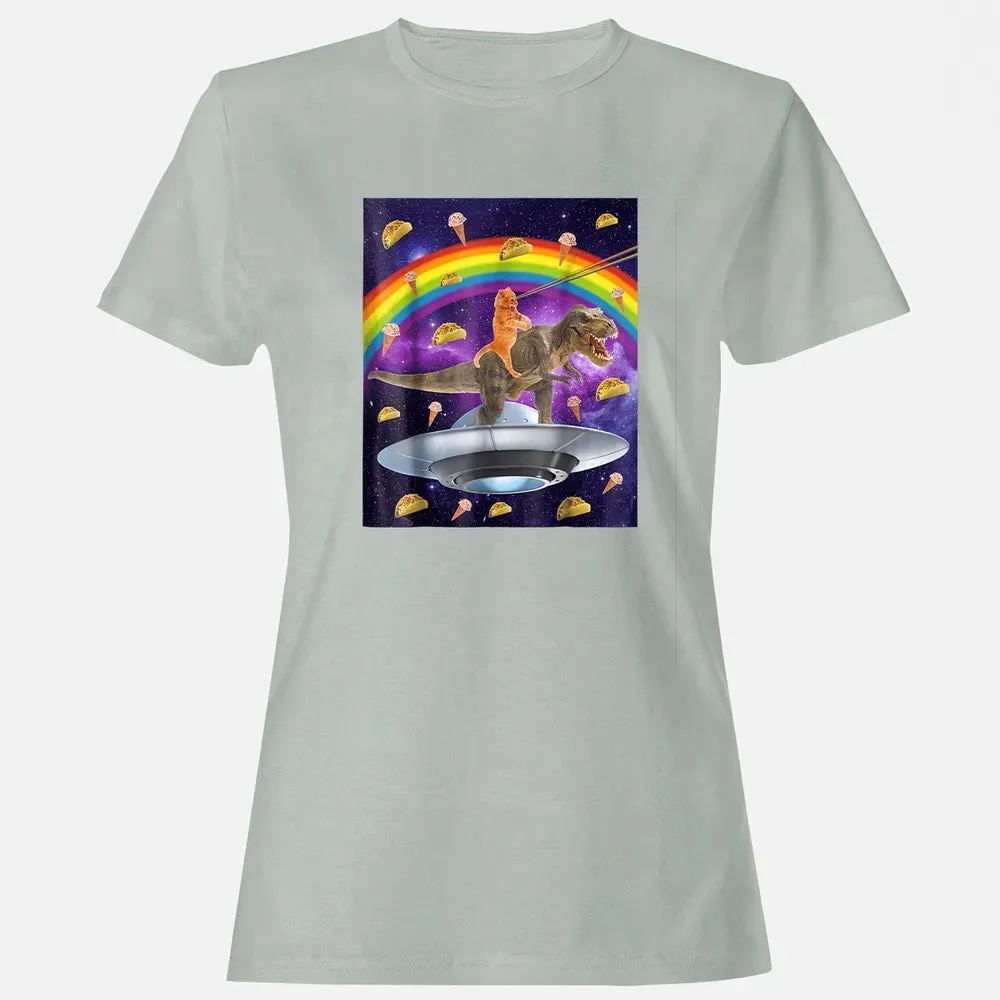 Taco Kitty Rainbow Laser Eye T Rex Riding Space Ca Women's T-shirt - 2