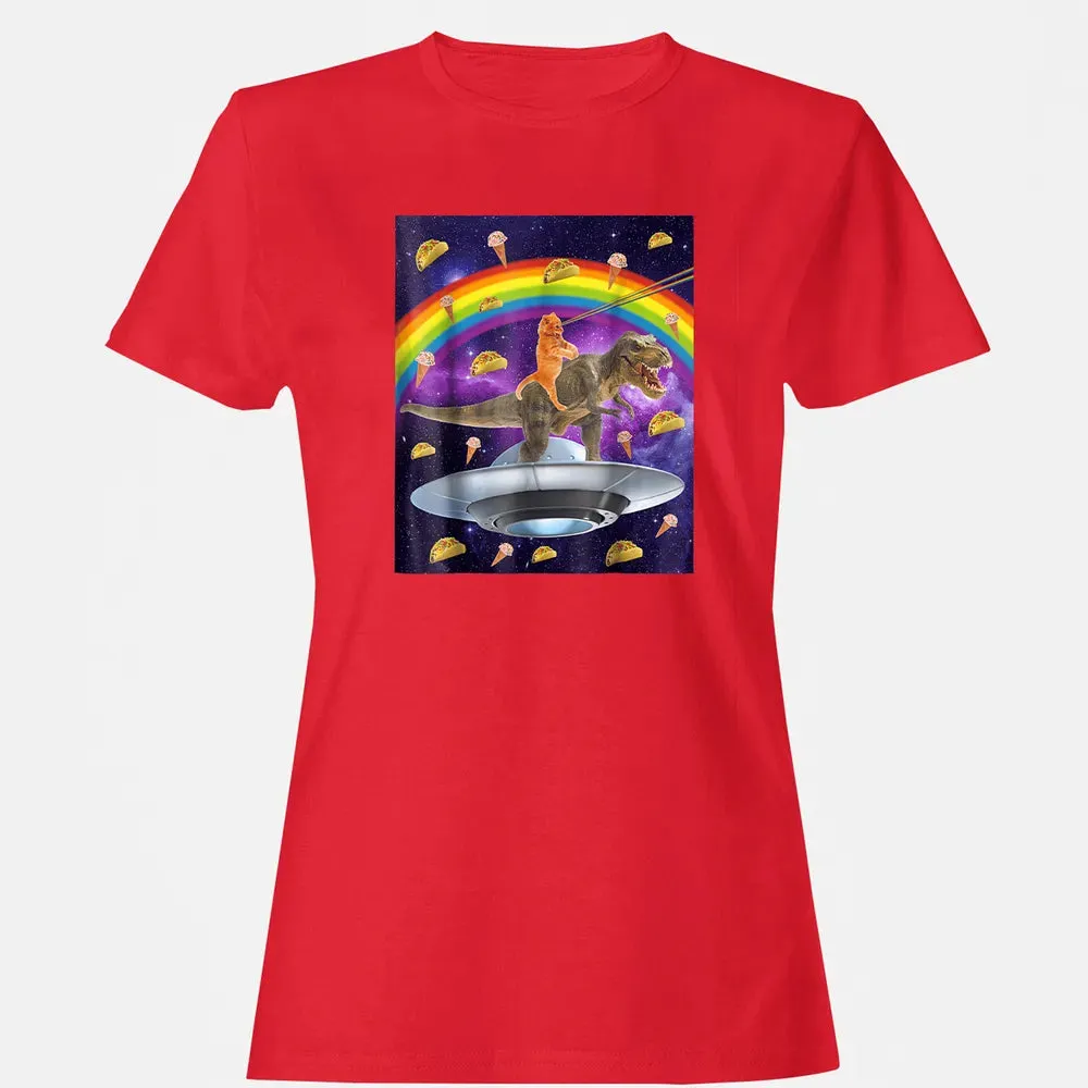 Taco Kitty Rainbow Laser Eye T Rex Riding Space Ca Women's T-shirt - 13