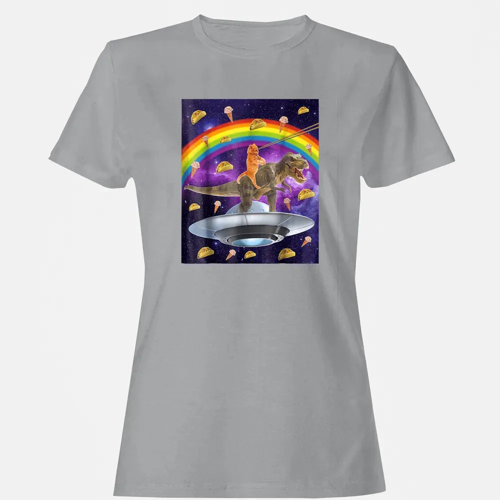 Taco Kitty Rainbow Laser Eye T Rex Riding Space Ca Women's T-shirt - 15