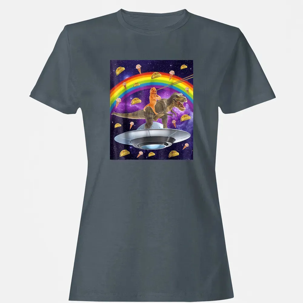 Taco Kitty Rainbow Laser Eye T Rex Riding Space Ca Women's T-shirt - 3