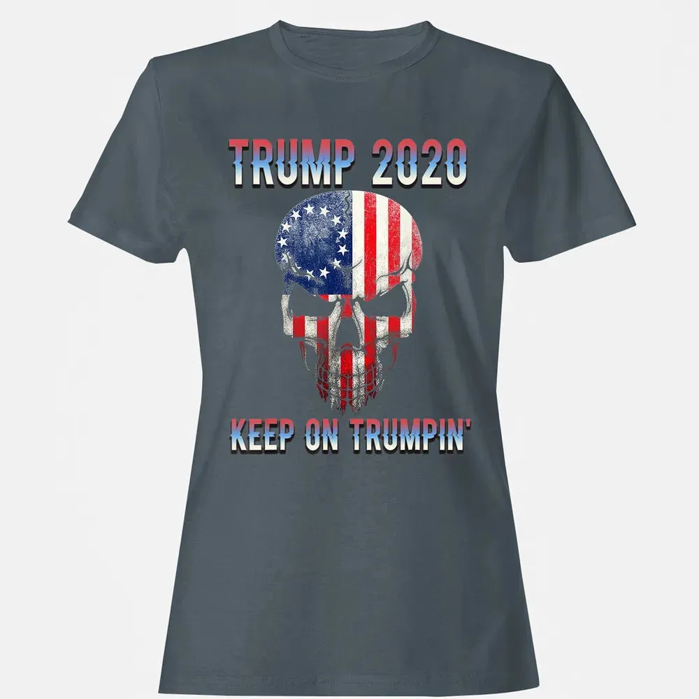 Trump 2020 Keep On Trumpin American Flag Skull 4th of July Women's T-shirt - 3