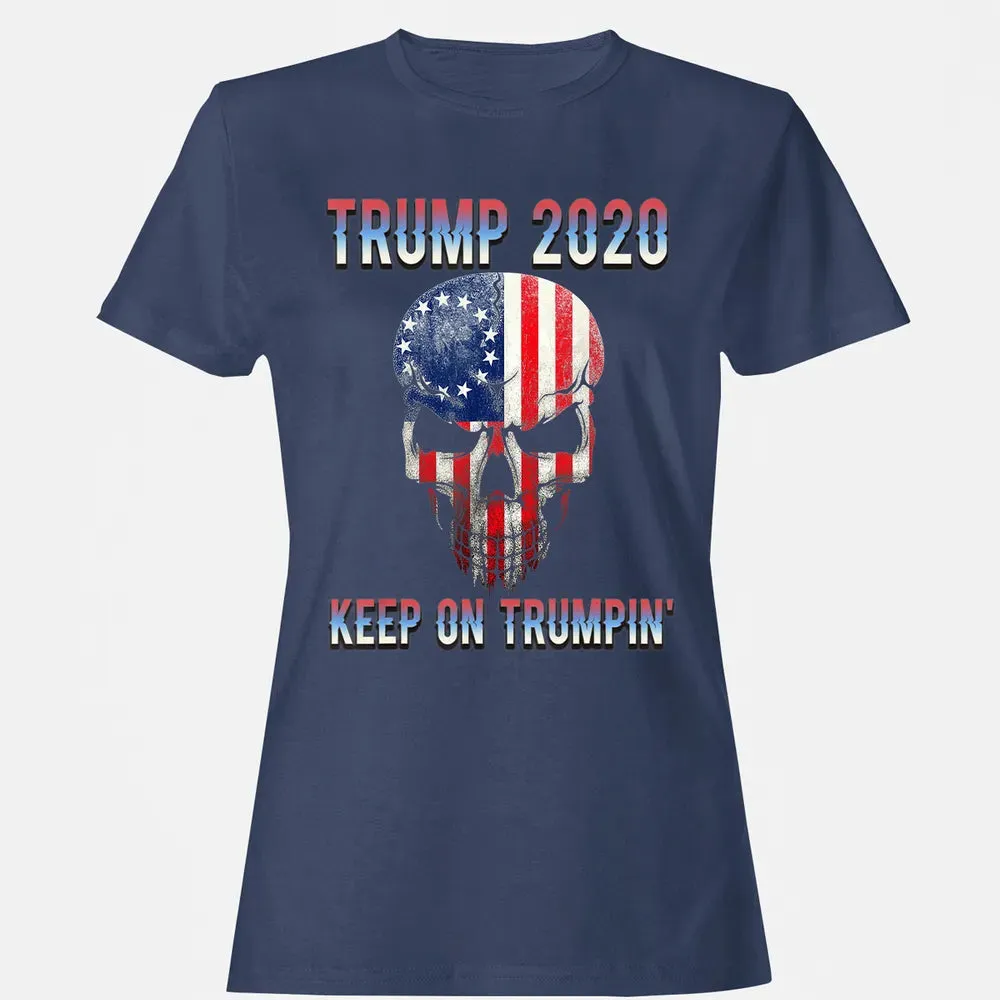 Trump 2020 Keep On Trumpin American Flag Skull 4th of July Women's T-shirt - 10