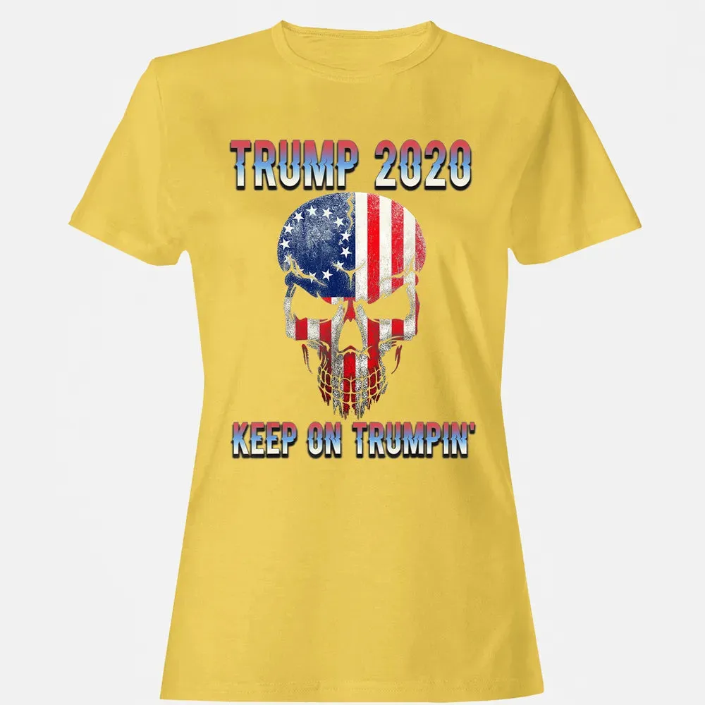 Trump 2020 Keep On Trumpin American Flag Skull 4th of July Women's T-shirt - 4