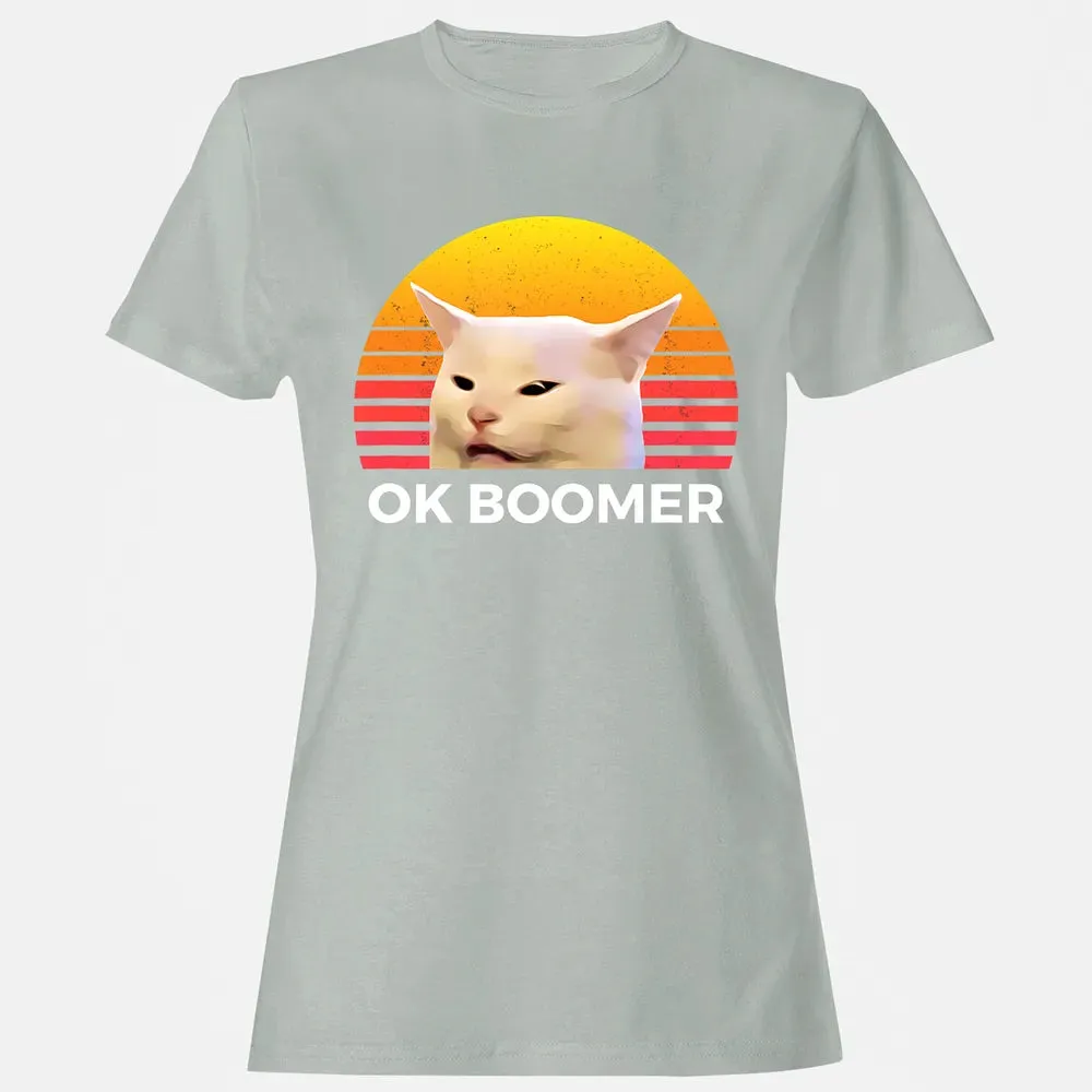 Woman Yelling At Table Dinner Funny Cat Ok Boomer Women's T-shirt - 2
