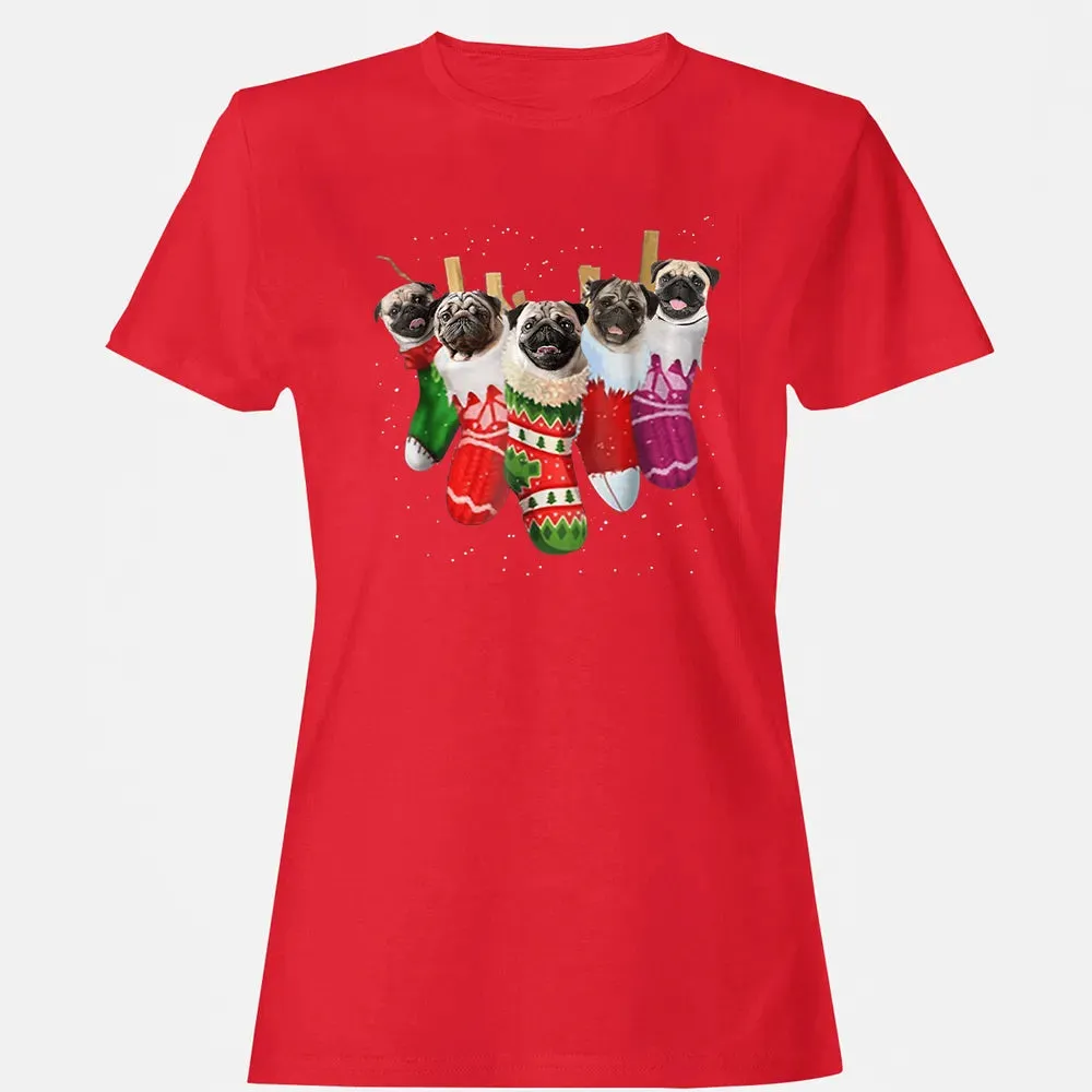 Pug Christmas Socks Funny s Xmas Vintage Cute Gift Women's T-shirt - 13