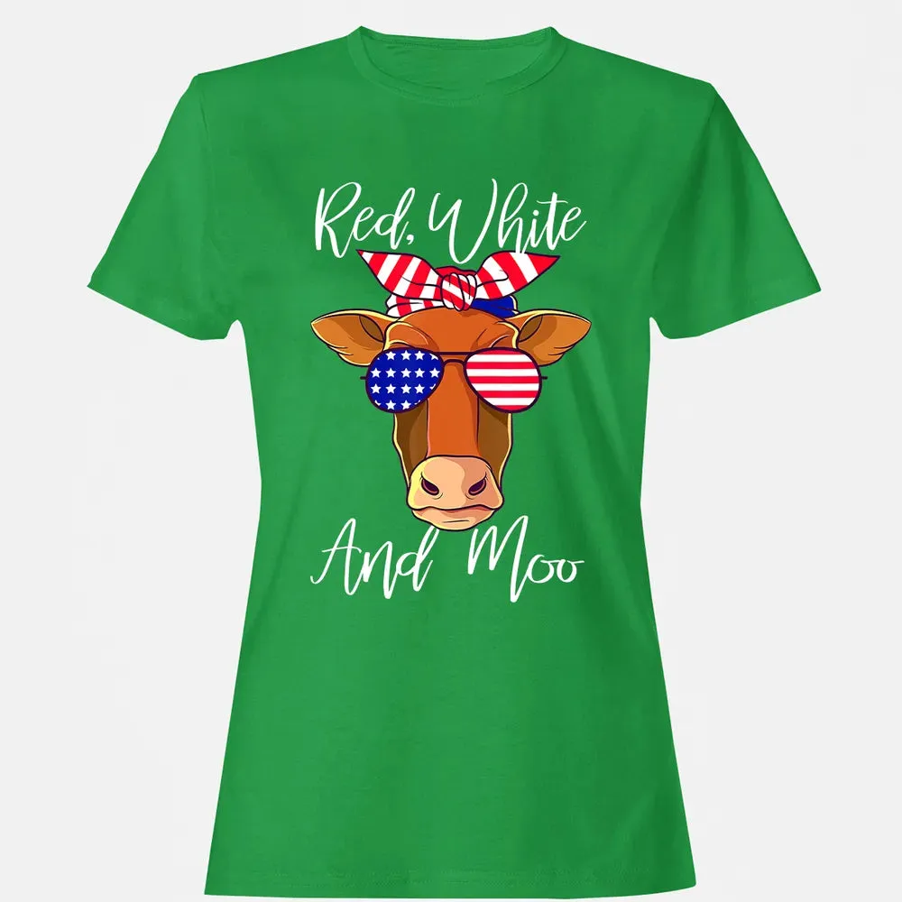 Red White and Moo Patriotic Cow USA Flag 4th of July Women's T-shirt - 7