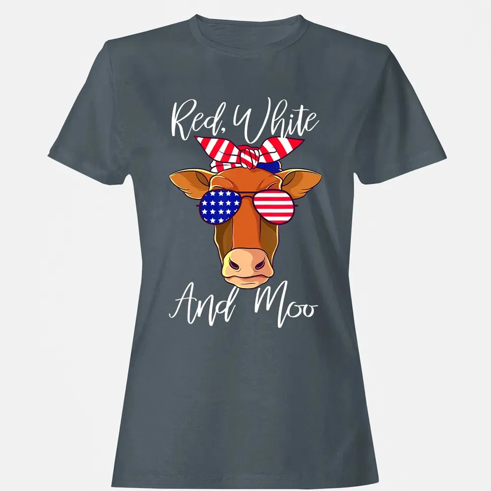Red White and Moo Patriotic Cow USA Flag 4th of July Women's T-shirt - 3