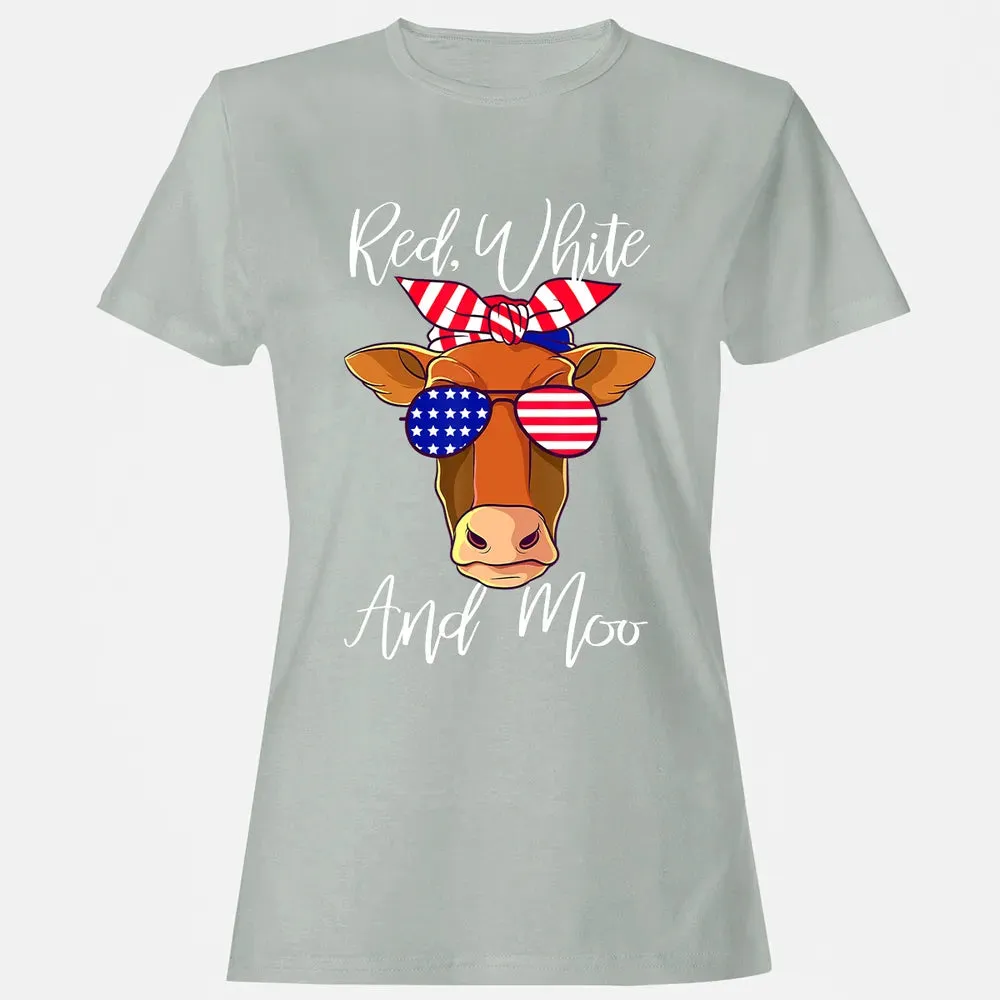 Red White and Moo Patriotic Cow USA Flag 4th of July Women's T-shirt - 2