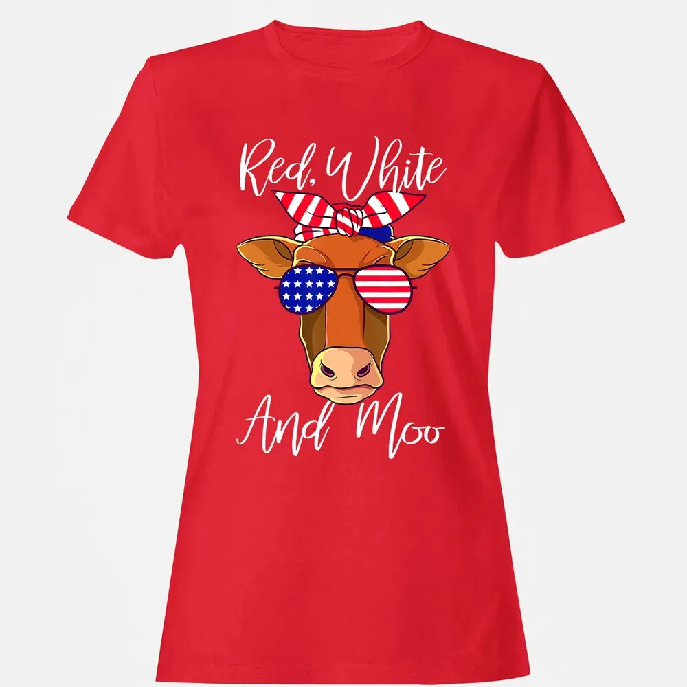 Red White and Moo Patriotic Cow USA Flag 4th of July Women's T-shirt - 13