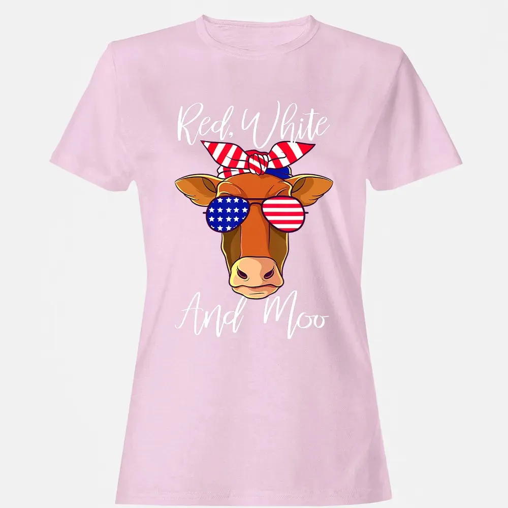 Red White and Moo Patriotic Cow USA Flag 4th of July Women's T-shirt - 9