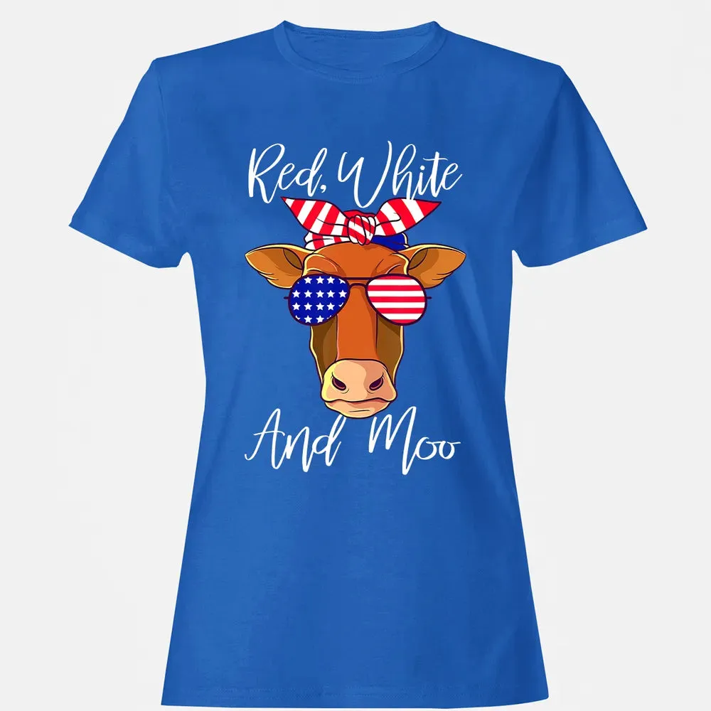 Red White and Moo Patriotic Cow USA Flag 4th of July Women's T-shirt - 14