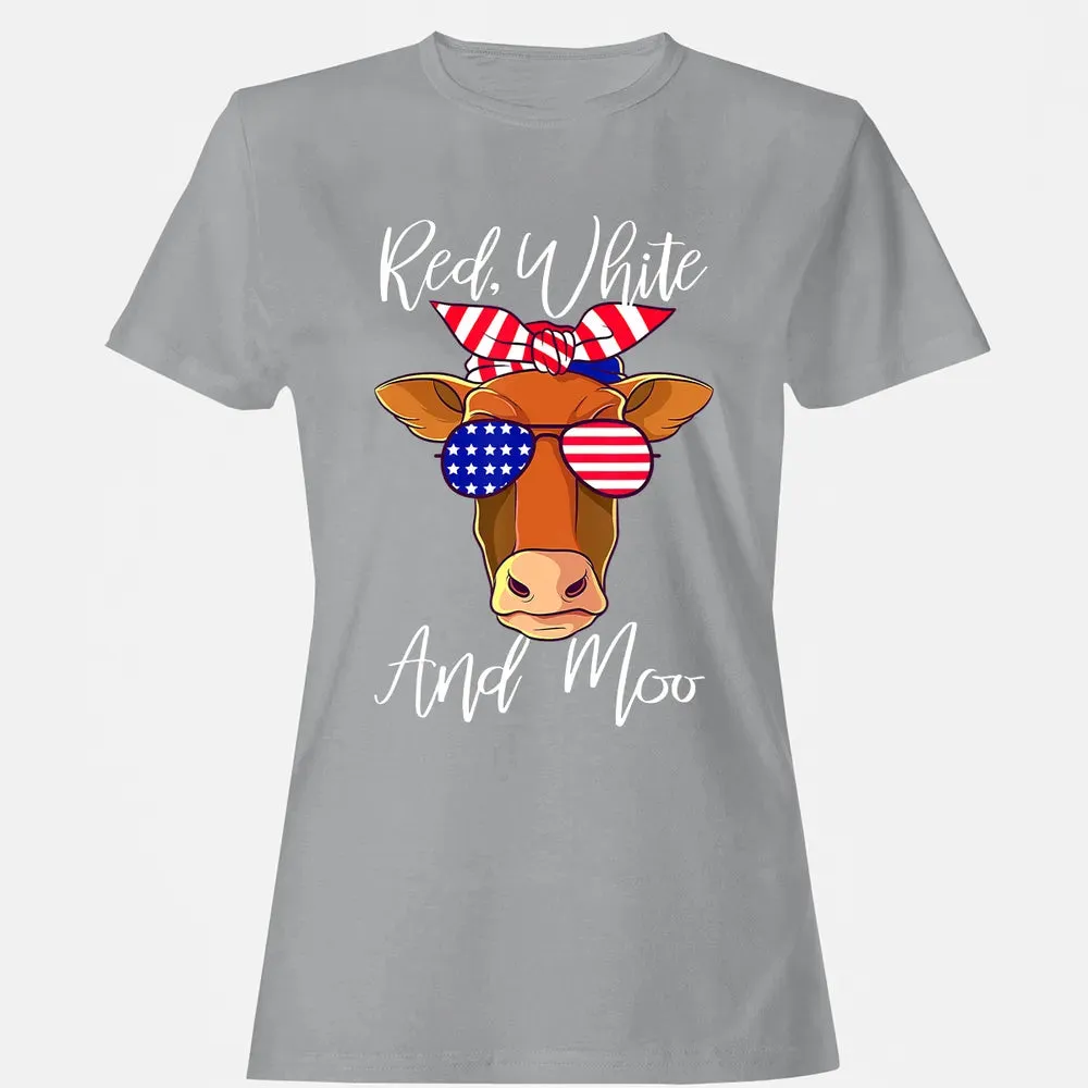 Red White and Moo Patriotic Cow USA Flag 4th of July Women's T-shirt - 15