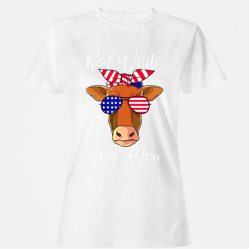 Red White and Moo Patriotic Cow USA Flag 4th of July Women's T-shirt - 16