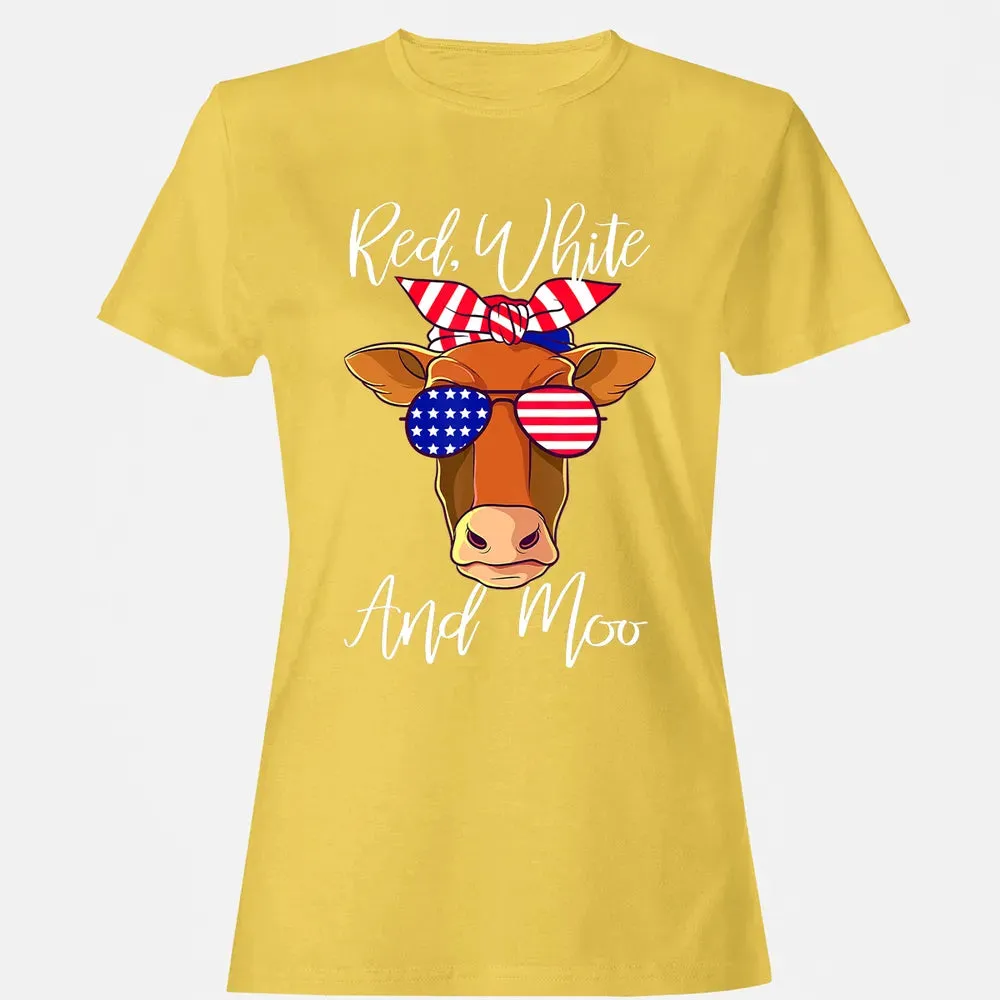 Red White and Moo Patriotic Cow USA Flag 4th of July Women's T-shirt - 4