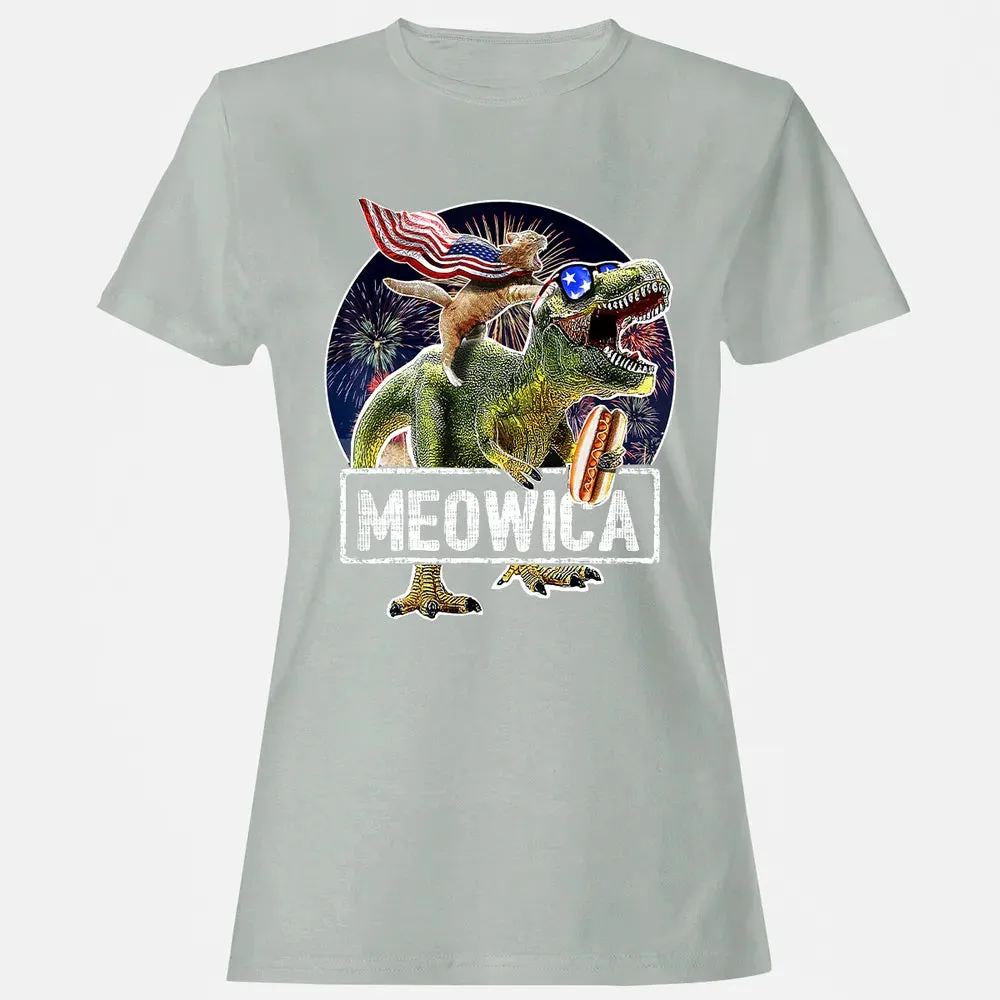 Meowica American Flag Cat T Rex Dinosaur 4th of July Kids Women's T-shirt - 2