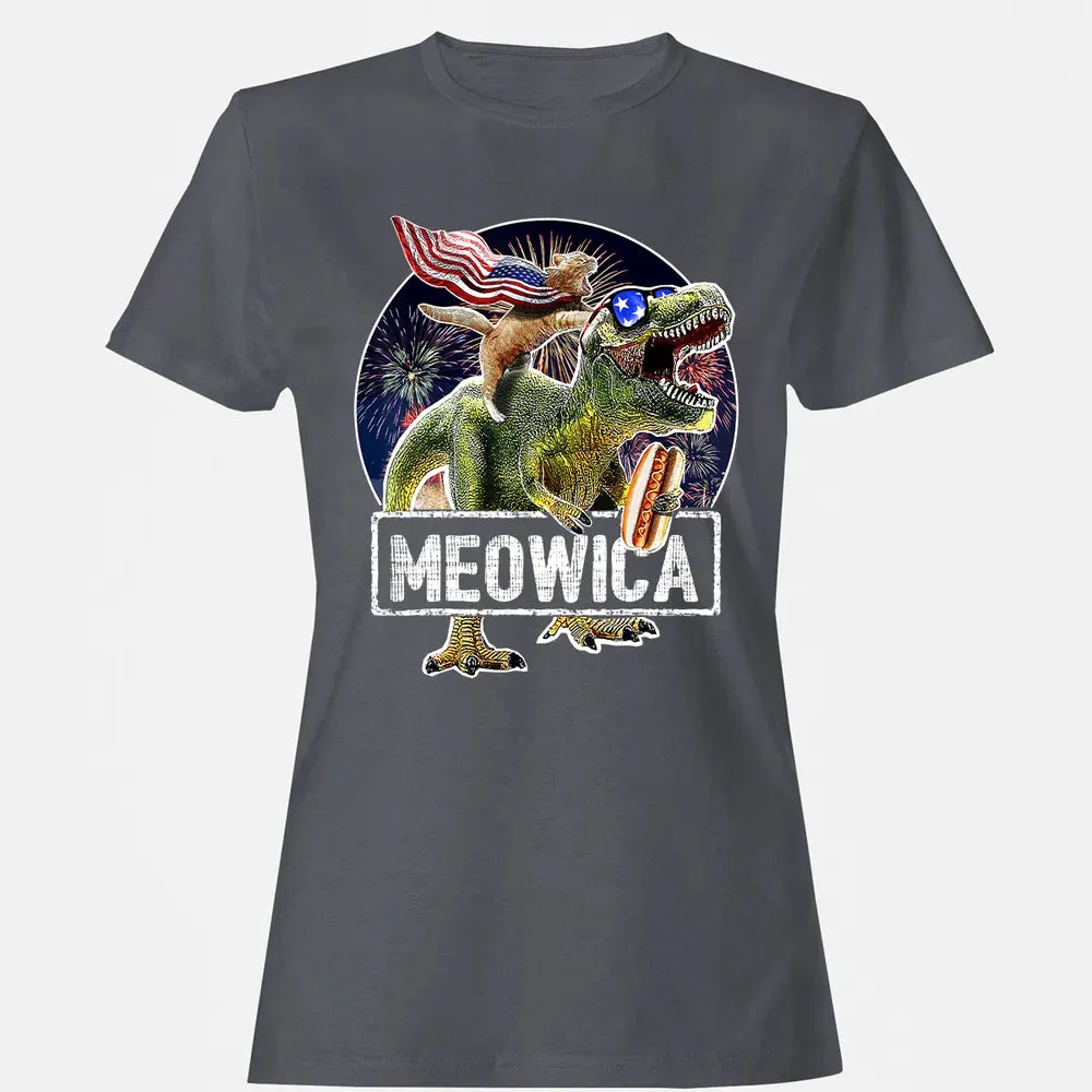 Meowica American Flag Cat T Rex Dinosaur 4th of July Kids Women's T-shirt - 5