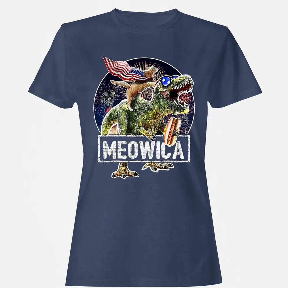 Meowica American Flag Cat T Rex Dinosaur 4th of July Kids Women's T-shirt - 10