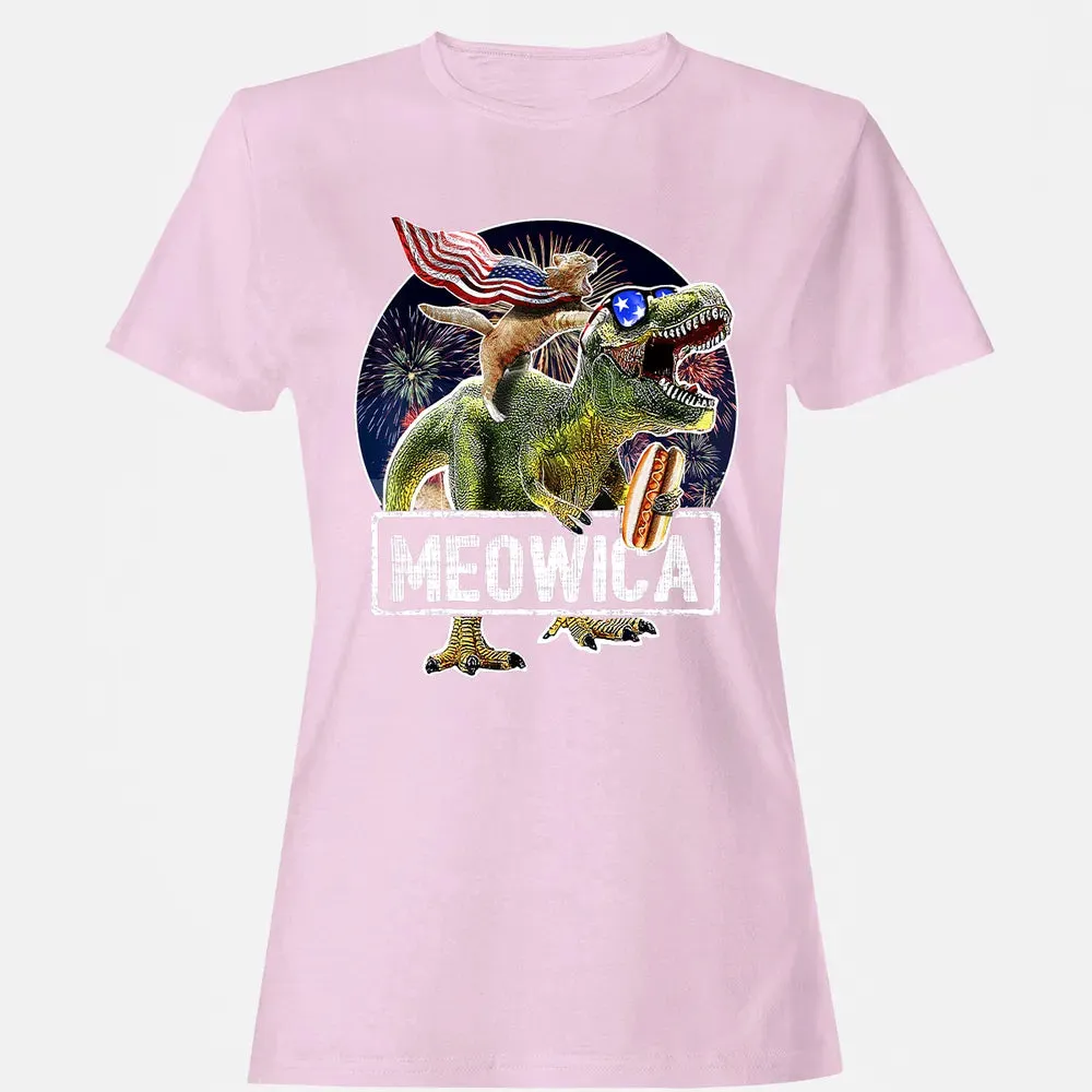 Meowica American Flag Cat T Rex Dinosaur 4th of July Kids Women's T-shirt - 9